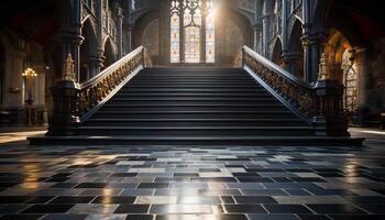 ai generado gótico catedral, majestuoso, espiritual, iluminado, manchado vaso, Roca generado por ai foto