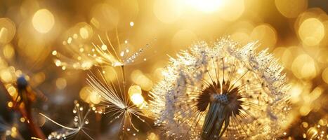 AI generated Glistening dew on dandelion seeds against a magical backdrop of golden bokeh photo