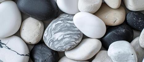 AI generated A diverse array of black and white pebbles bathed in natural sunlight photo