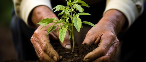 ai generado mayor manos plantando albahaca planta de semillero foto