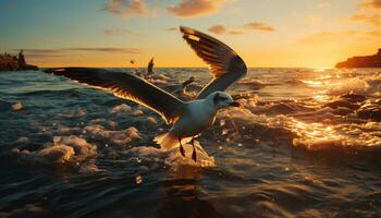 AI generated Seagull soaring in the sunset, spreading wings in freedom generated by AI photo