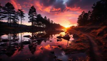 AI generated Sunset reflection on tranquil pond in forest generated by AI photo