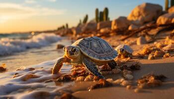 ai generado linda Tortuga gateando en arena en tropical puesta de sol generado por ai foto