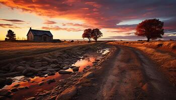 ai generado puesta de sol terminado el tranquilo rural paisaje, reflejando en agua generado por ai foto