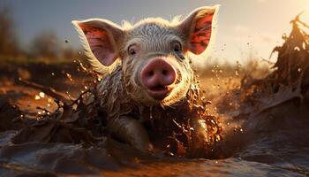 AI generated Cute piglet enjoys the wet grass at sunset generated by AI photo