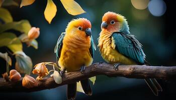 AI generated Vibrant macaw perching on branch, showcasing natural beauty generated by AI photo