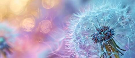 AI generated Delicate dandelion seeds against a pastel bokeh background photo