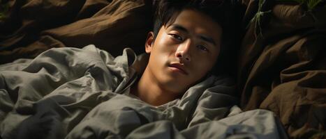 AI generated Young Man Resting Peacefully in Bed photo