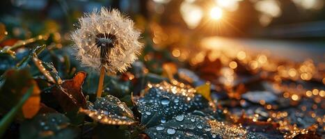 ai generado diente de león con Rocío gotas iluminado por el calentar puesta de sol foto