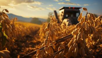 ai generado puesta de sol terminado un rural granja, cosecha dorado trigo generado por ai foto