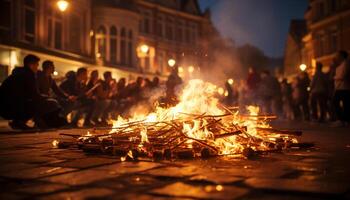 ai generado brillante hoguera ilumina noche, trayendo calor y alegría generado por ai foto