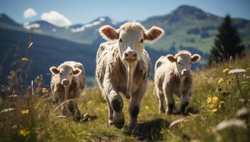 AI generated Cute cow grazing in green meadow, surrounded by mountains generated by AI photo