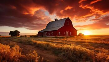 AI generated Rustic farmhouse in tranquil sunset, surrounded by nature generated by AI photo