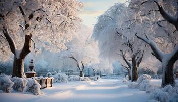 ai generado tranquilo invierno paisaje nieve cubierto árbol en bosque generado por ai foto