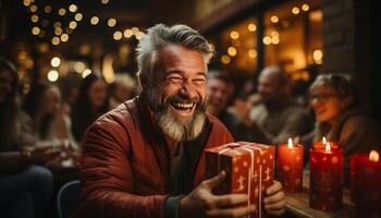 AI generated Men smiling, happiness, celebration, Christmas lights illuminate joy generated by AI photo