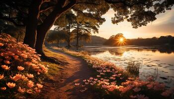 AI generated Tranquil scene of sunset over green meadow generated by AI photo