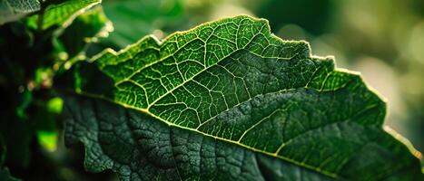 AI generated A single green leaf with a complex network of veins illuminated by soft sunlight photo