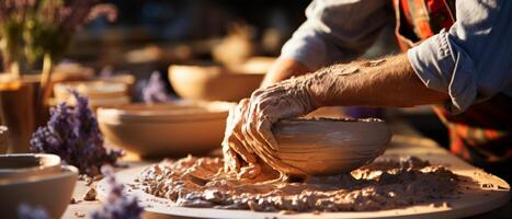 AI generated Artisan Shaping Pottery on Wheel photo