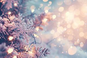 AI generated Close Up of a Christmas Tree With Snow Flakes photo