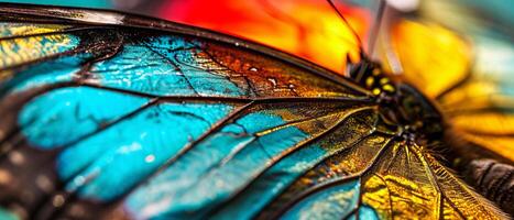 ai generado un detallado de cerca de el vibrante ala de un mariposa foto