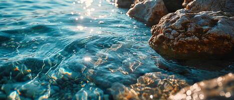 AI generated The setting sun's golden glow reflects on the water's surface by the rocky edge photo