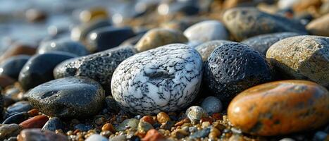AI generated Varied pebbles gleaming in sunlight by the sea photo