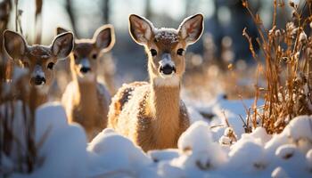 ai generado joven ciervo en invierno bosque, mirando a cámara generado por ai foto