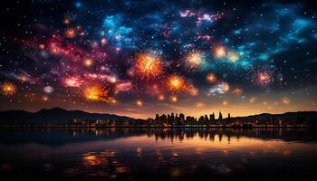 AI generated Firework display illuminates the night sky in Vancouver generated by AI photo