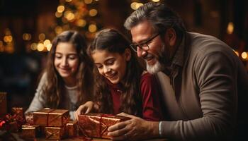AI generated Family sitting together, smiling, enjoying Christmas decorations generated by AI photo