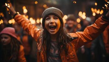 ai generado sonriente joven adulto disfruta alegre invierno noche generado por ai foto