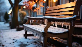 ai generado invierno noche, nevando al aire libre, iluminado linterna, tranquilo escena generado por ai foto