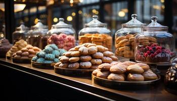 AI generated Freshly baked homemade cookies on a rustic wooden tray generated by AI photo