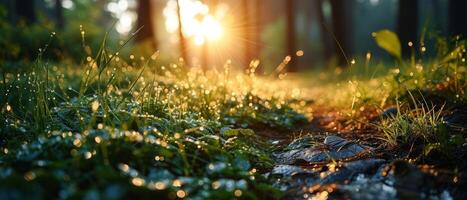 ai generado puesta de sol ligero corrientes mediante un bosque, fundición un dorado resplandor en el cubierto de rocío maleza y creando un mágico bokeh efecto foto