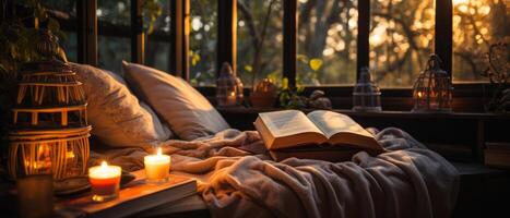 AI generated Cozy Reading Nook at Golden Hour photo