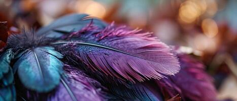 ai generado de cerca de un púrpura y azul pluma foto