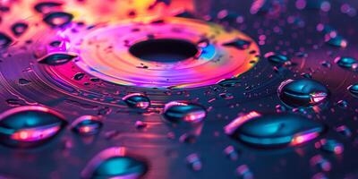 AI generated Macro shot of a compact disc with colorful light refraction and water drops photo