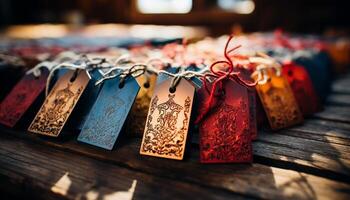 AI generated Wooden Christmas decorations on table, rustic and old fashioned generated by AI photo