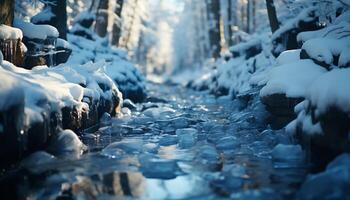 ai generado invierno paisaje Nevado bosque, congelado árbol, glacial belleza generado por ai foto