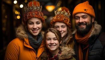 ai generado sonriente hombres y mujer abrazo en invierno celebracion generado por ai foto