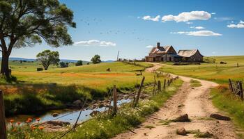 AI generated Idyllic rural scene with green meadow and blue sky generated by AI photo