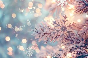 AI generated Close Up of a Christmas Tree With Snow Flakes photo