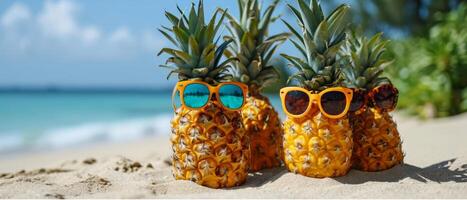 AI generated Pineapples with sunglasses enjoying a beach day photo