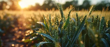 AI generated Young green wheat ears touched by the soft light of dawn, dotted with morning dew photo