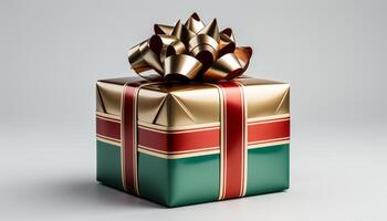 AI generated Shiny gold gift box with white background generated by AI photo