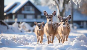 AI generated Cute deer family grazing in snowy meadow generated by AI photo