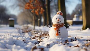 ai generado sonriente monigote de nieve en invierno bosque, jugando con nieve generado por ai foto