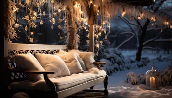 AI generated Comfortable winter night, snow covered tree, cozy sofa generated by AI photo