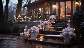 AI generated Romantic candlelight illuminates the winter celebration outdoors generated by AI photo