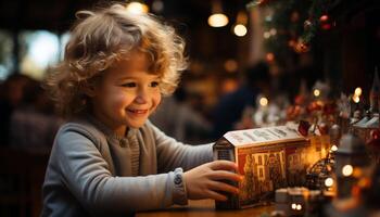 ai generado sonriente niño leyendo libro, disfrutando Navidad celebracion generado por ai foto