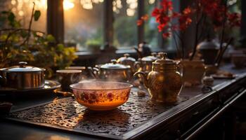 AI generated Wooden teapot on stove, cooking food outdoors generated by AI photo